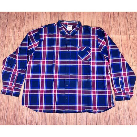 Levis Mens Blue & Red Plaid Button-Up Shirt 4XL 100% Cotton Casual Fit. Nwot. - Picture 1 of 13